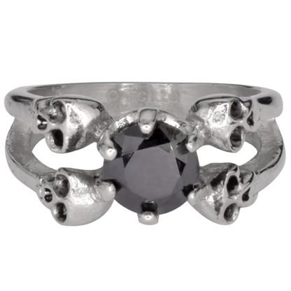 Silver ring with a central gemstone surrounded by skull designs.