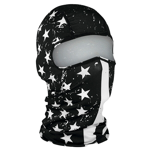 Full coverage polyester balaclava featuring black and white flag design