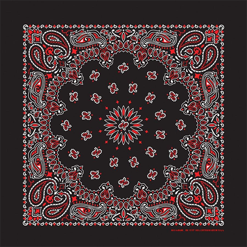 A black, white, and red paisley bandana with rolled-hem edges.