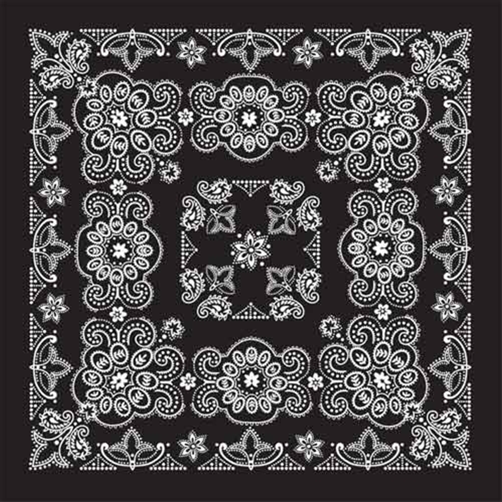 An oversized black and white paisley bandana made of 100% cotton.