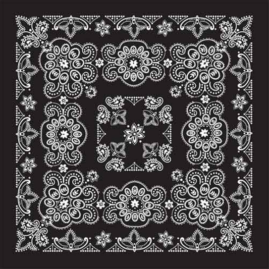 An oversized black and white paisley bandana made of 100% cotton.