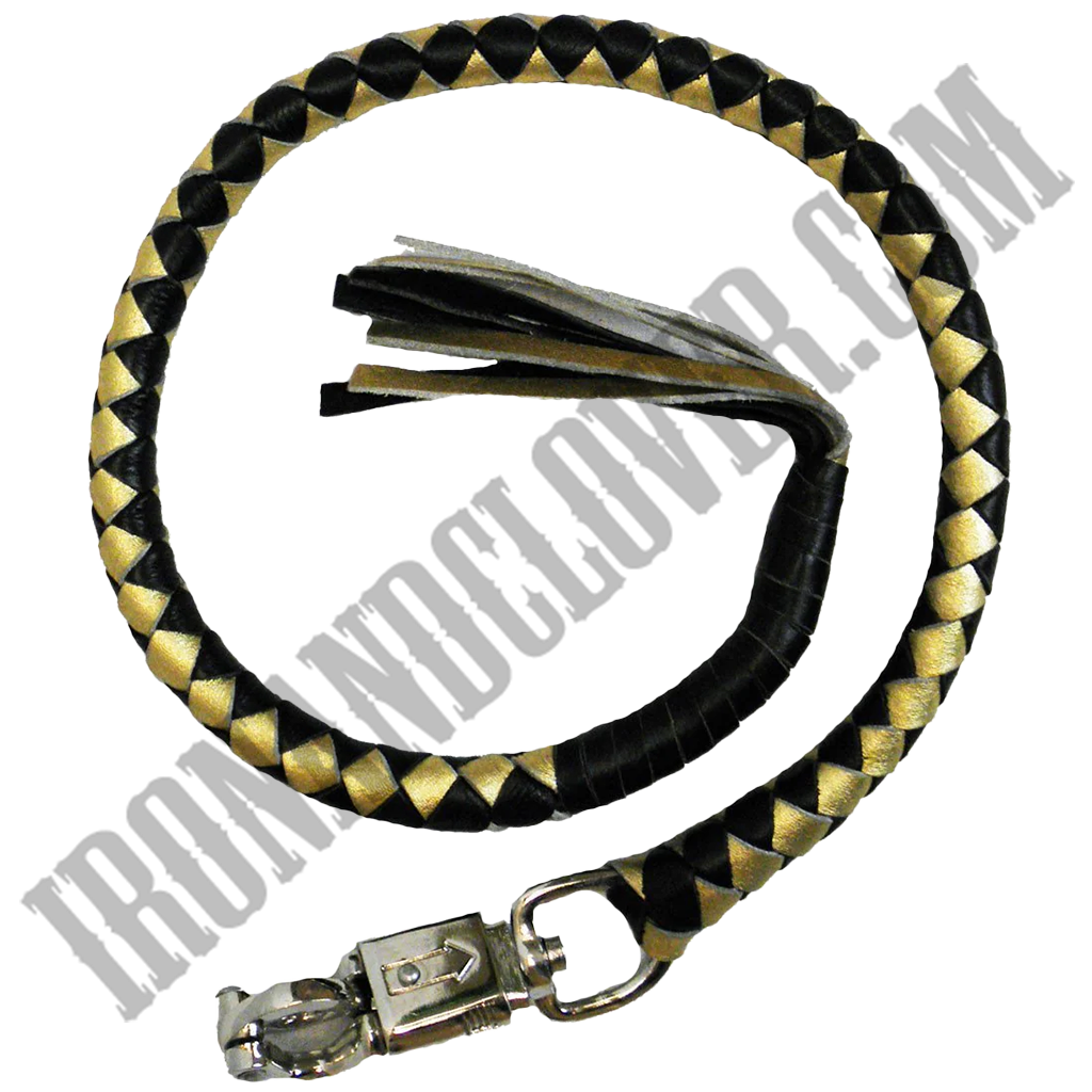 A black and yellow leather get back whip with silver-tone hardware and a quick-release grip.