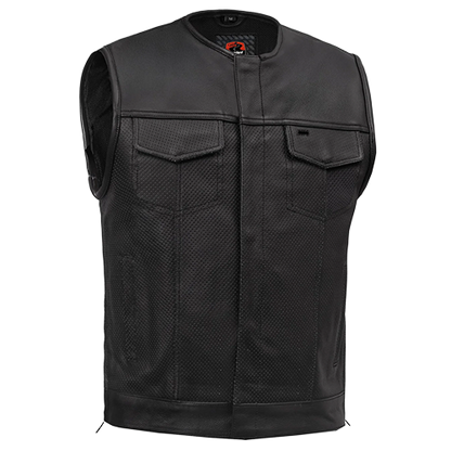 Blackbird™ perforated men's black leather motorcycle vest front view.