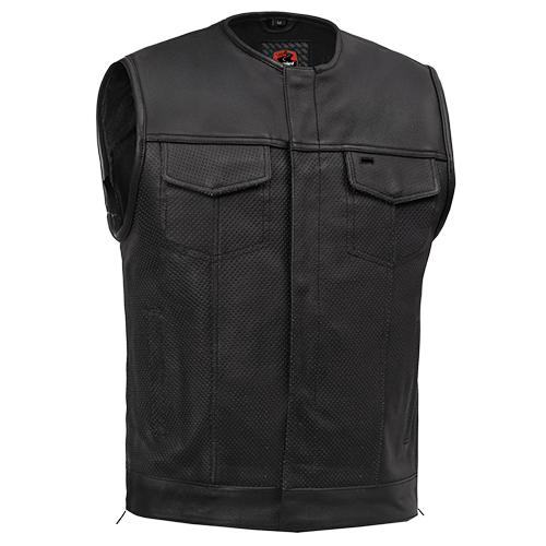 Blackbird™ perforated men's black leather motorcycle vest front view.