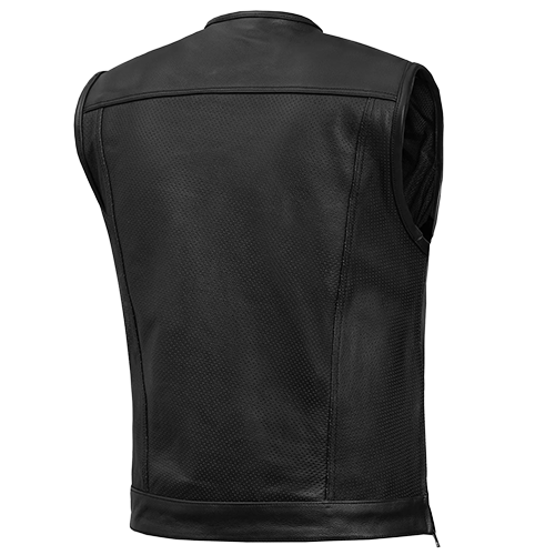 Rear view of the Blackbird™ perforated club-style leather vest.