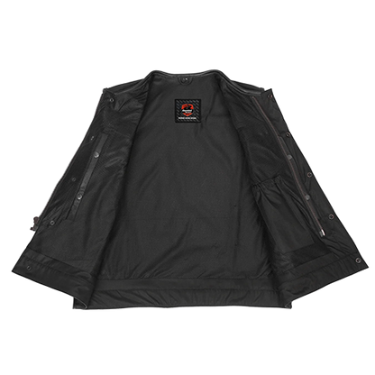 Interior view of Blackbird™ leather vest showing concealed carry pockets and mesh lining.
