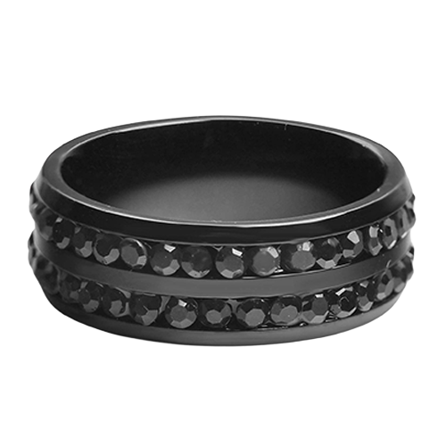 Black stainless steel ring with dual rows of black cubic zirconia stones
