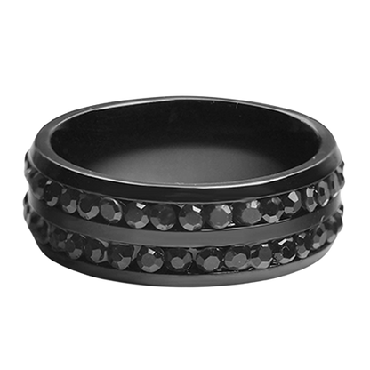 Black stainless steel ring with dual rows of black cubic zirconia stones