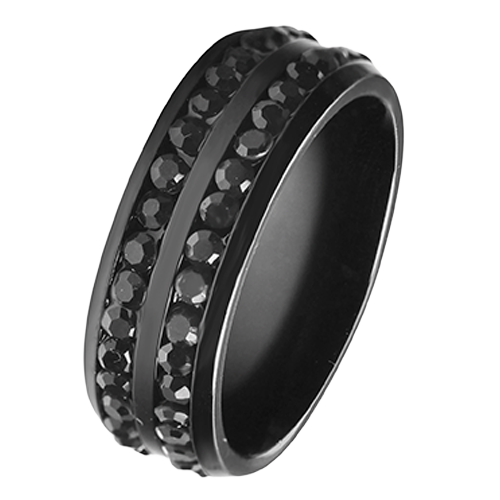 Blackout eternity ring featuring black CZ stones and black trim