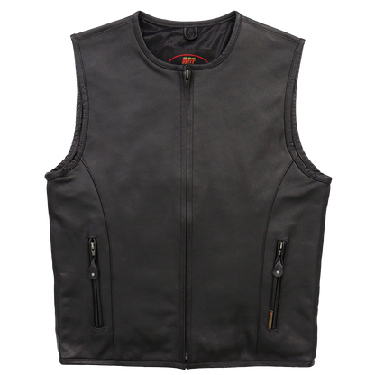 A black leather vest with a rounded collar, zippered front, hand pockets, and concealed carry pockets. It features a mesh lining.