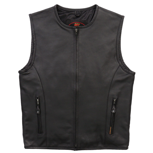 A black leather vest with a rounded collar, zippered front, hand pockets, and concealed carry pockets. It features a mesh lining.