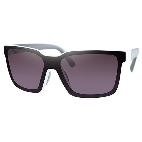 A pair of glossy white-framed sunglasses with dark lenses positioned over the frame.