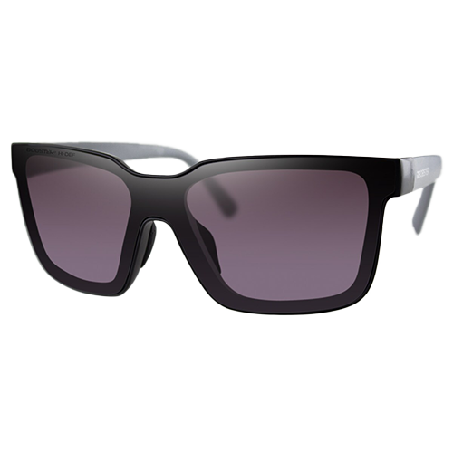 A pair of matte black sunglasses with a sleek, modern frame and dark lenses.