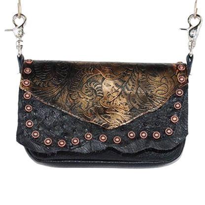 Black Leather Hip Bag With Bronze Foiled Floral Lid
