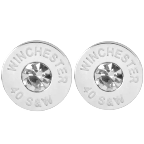 Silver earrings with 'Winchester 40 S&W' engraving with a cz stone.