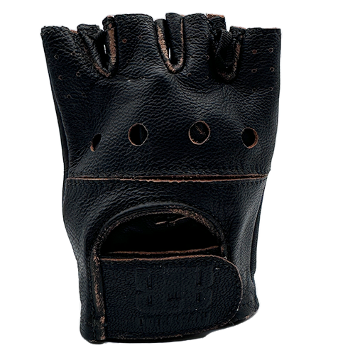 A black leather motorcycle glove with padded palm protection and perforated knucle backs.