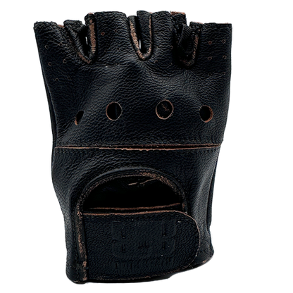 A black leather motorcycle glove with padded palm protection and perforated knucle backs.