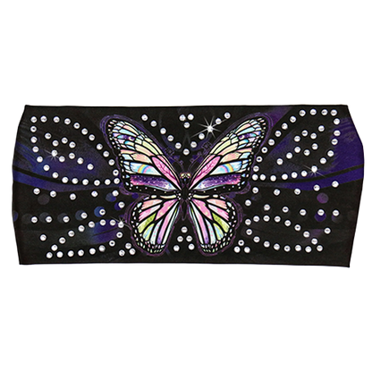 Butterfly design with rhinestones on a black headband.