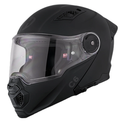 Front left view of the Daytona C6 dull black modular motorcycle helmet with clear anti-fog face shield closed.