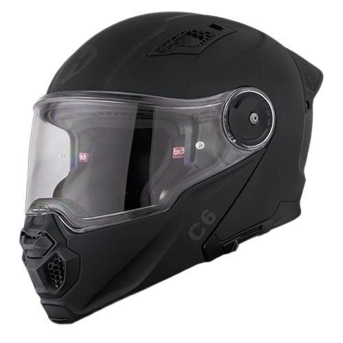 Front left view of the Daytona C6 dull black modular motorcycle helmet with clear anti-fog face shield closed.