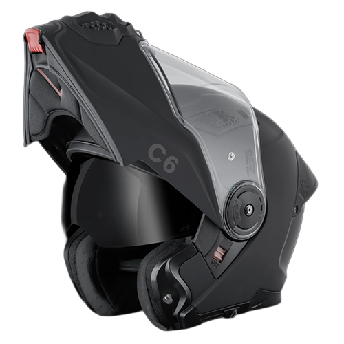 Daytona C6 modular motorcycle helmet in dull black with flip-up chin bar raised showing the interior and dual shield system.