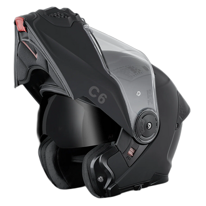 Daytona C6 modular motorcycle helmet in dull black with flip-up chin bar raised showing the interior and dual shield system.
