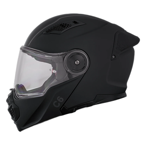 Left side view of the Daytona C6 modular helmet in dull black with clear face shield and aerodynamic rear spoiler.