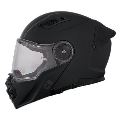 Left side view of the Daytona C6 modular helmet in dull black with clear face shield and aerodynamic rear spoiler.