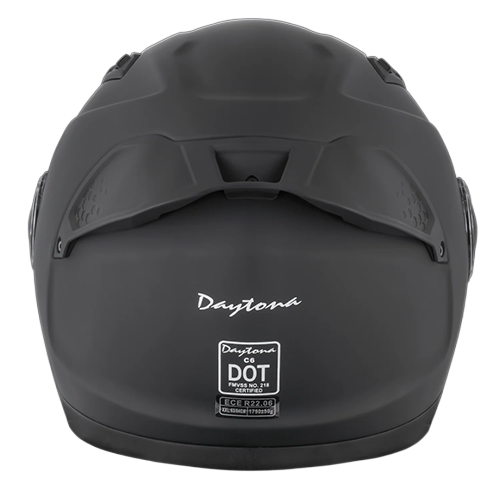 Rear view of the Daytona C6 dull black modular motorcycle helmet showing rear spoiler and D.O.T. and ECE certification labels.