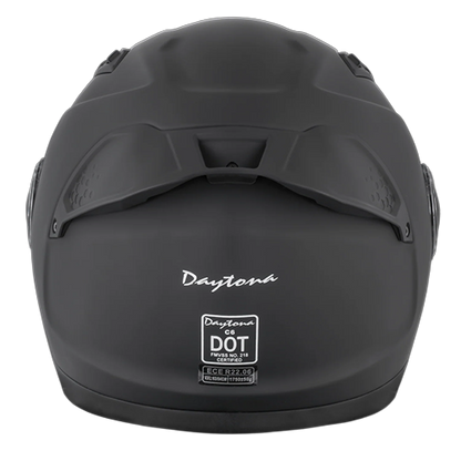 Rear view of the Daytona C6 dull black modular motorcycle helmet showing rear spoiler and D.O.T. and ECE certification labels.
