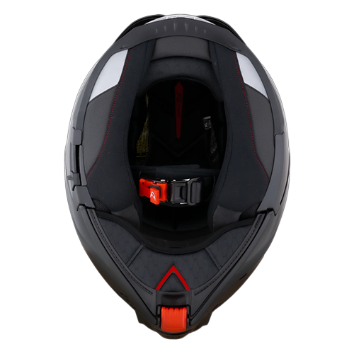 Interior view of the Daytona C6 modular helmet showing moisture-wicking comfort liner, quick-release buckle, and chin bar mechanism.