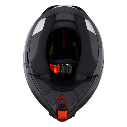 Interior view of the Daytona C6 modular helmet showing moisture-wicking comfort liner, quick-release buckle, and chin bar mechanism.
