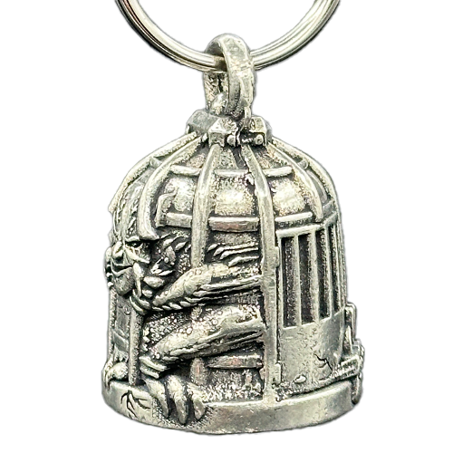Pewter Caged Gremlin Bell With Black Velveteen Bag