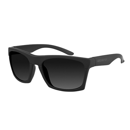 A pair of black square-framed sunglasses with impact-resistant lenses and a visible brand logo on the side.