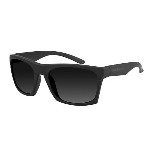A pair of black square-framed sunglasses with impact-resistant lenses and a visible brand logo on the side.