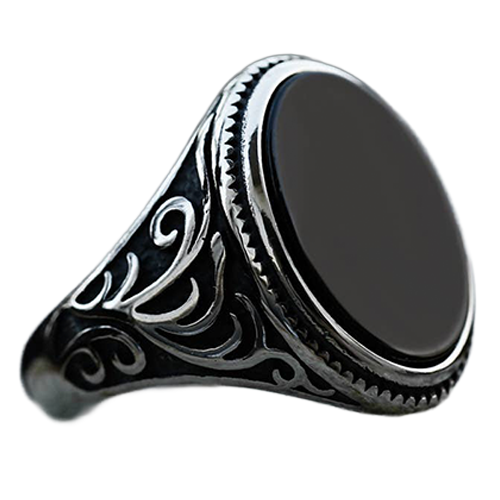 Stainless steel ring with polished oval black onyx stone.