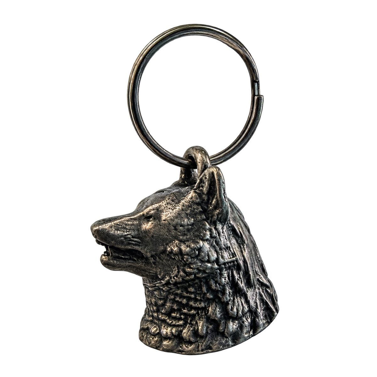 Wolf Head Bell side view with muzzle facing left and split key ring
