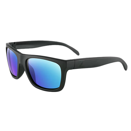 A pair of matte black-framed sunglasses with smoked/green Revo lenses.