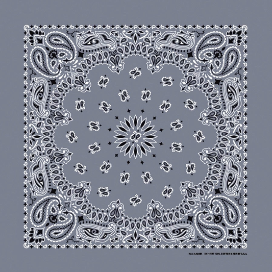 A two-sided chambray bandana with a paisley pattern, displayed flat.