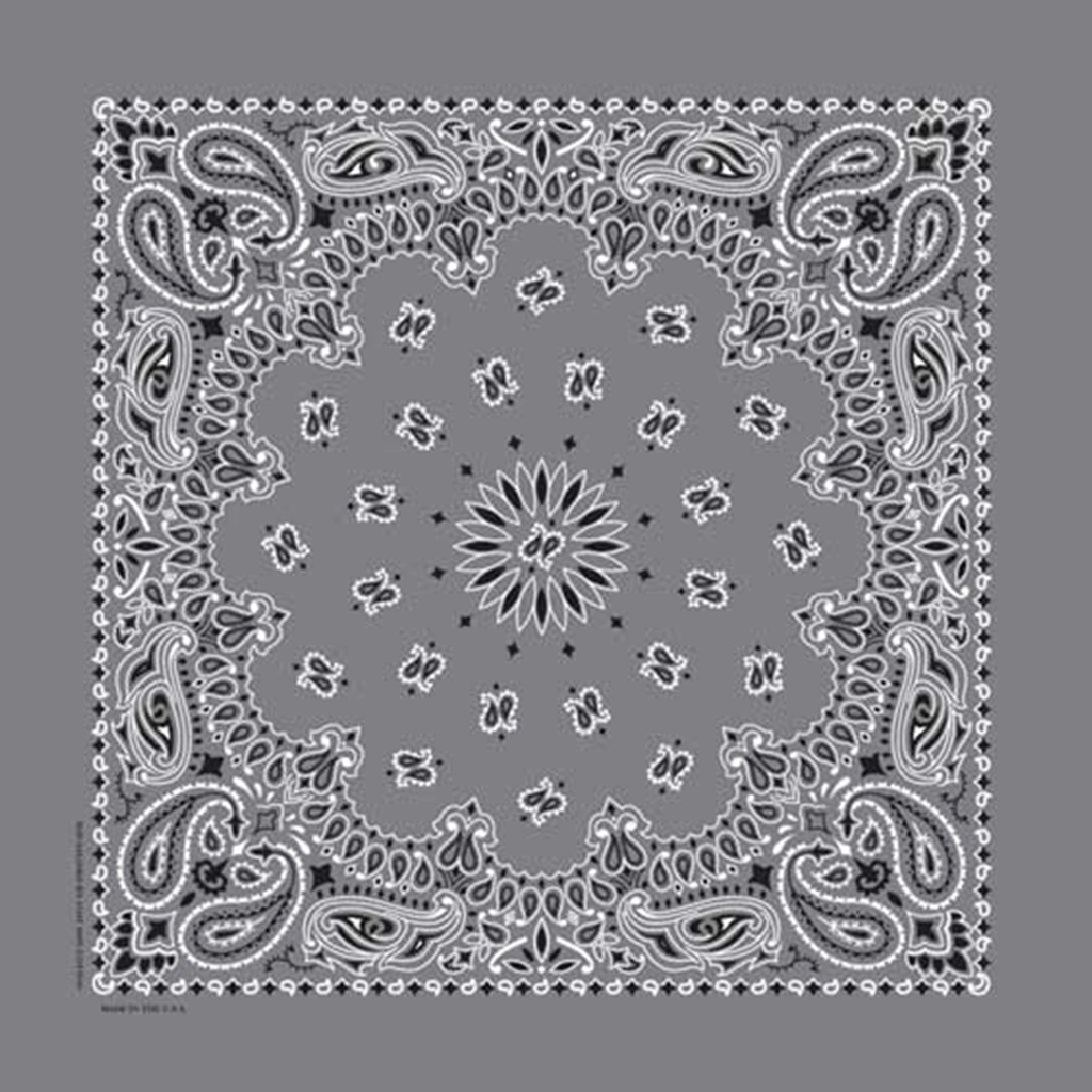 A charcoal gray bandana with a paisley pattern.