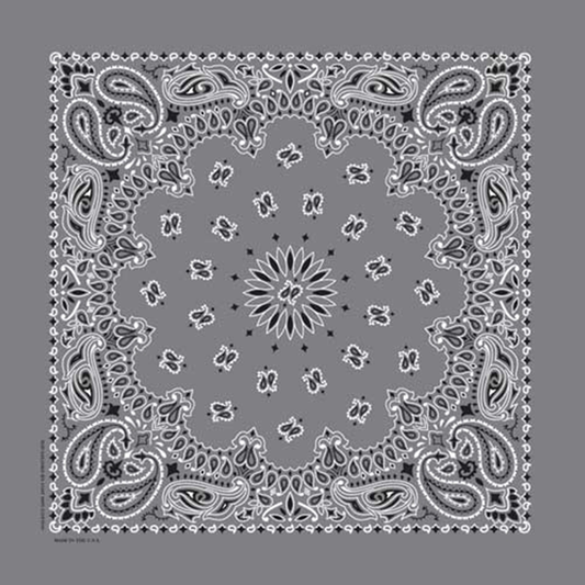 A charcoal gray bandana with a paisley pattern.