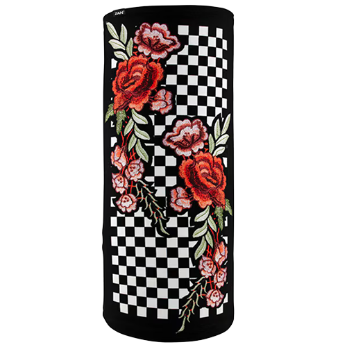 A tube-shaped headgear with a bold checkered pattern and vibrant floral accents in red and green colors.