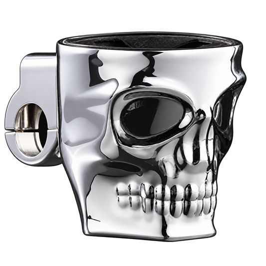 Chrome Kruzer Kaddy skull motorcycle cup holder with round handlebar clamp