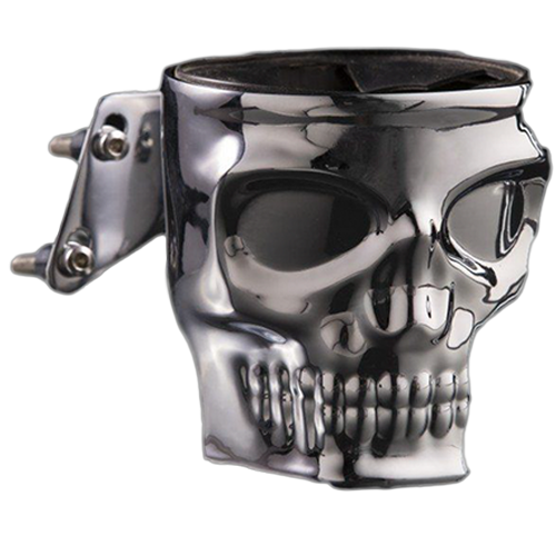 Chrome Kruzer Kaddy skull motorcycle cup holder with brake or clutch perch mount