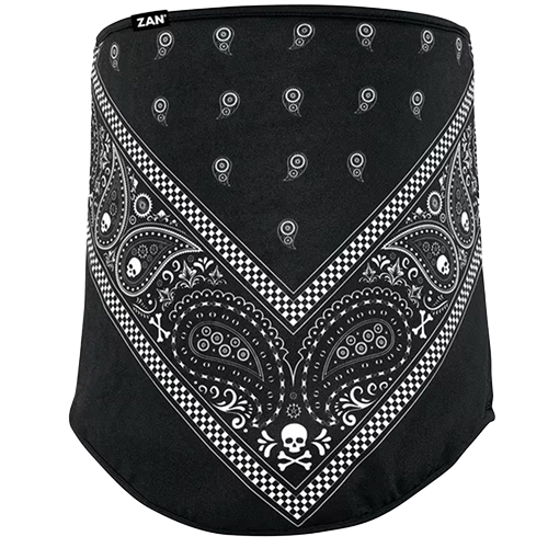 Motorcycle neck gaiter with bandanna design and SportFlex shell