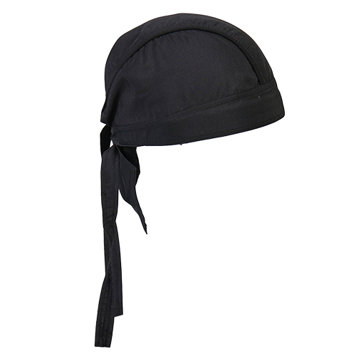 Opposite side view of the solid black motorcycle head wrap.
