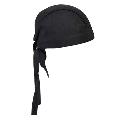Opposite side view of the solid black motorcycle head wrap.