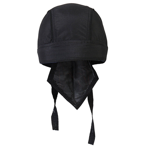 Front view of the solid black lightweight motorcycle head wrap with adjustable tie-back straps and mesh tail.