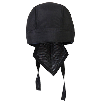 Front view of the solid black lightweight motorcycle head wrap with adjustable tie-back straps and mesh tail.