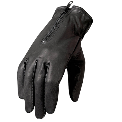 A single black leather glove with a zipper closure at the cuff.